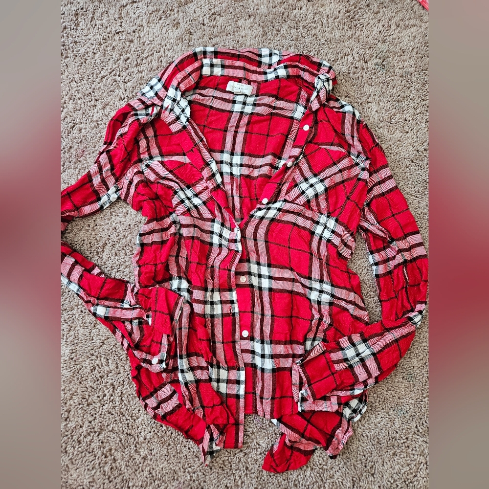 Lucky brand small womens plaid long sleeve button down red white black christmas